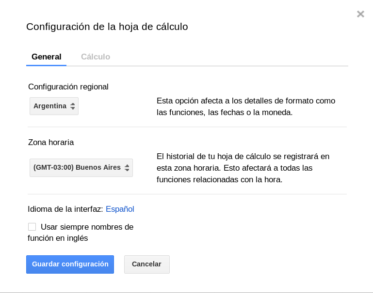Menu de configuración regional de Google Spreadsheets - Argentina está seleccionada